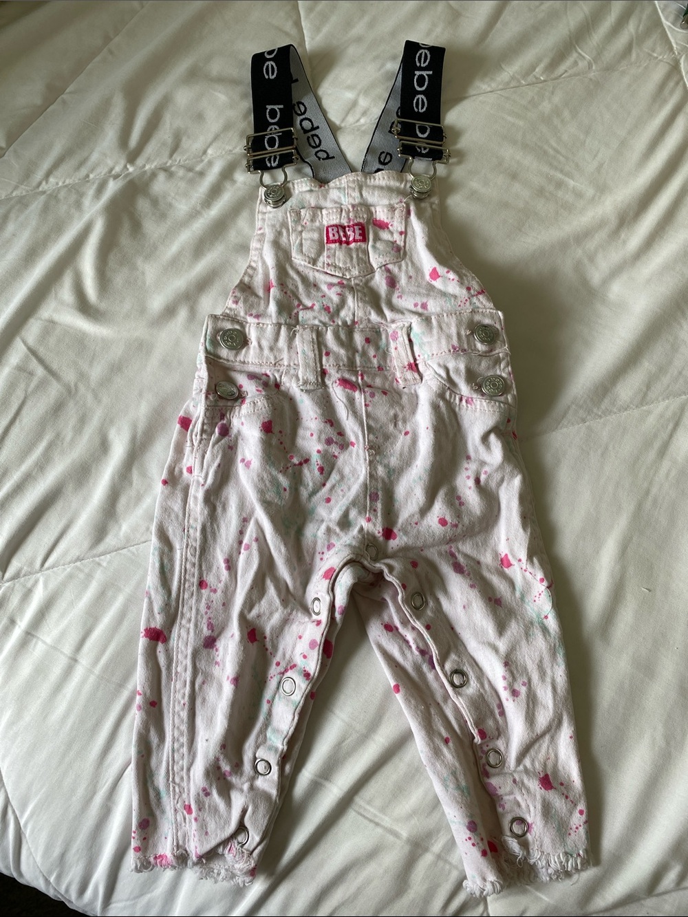 bebe Pink and Mint Paint-Splatter Overalls with Black Logo Straps